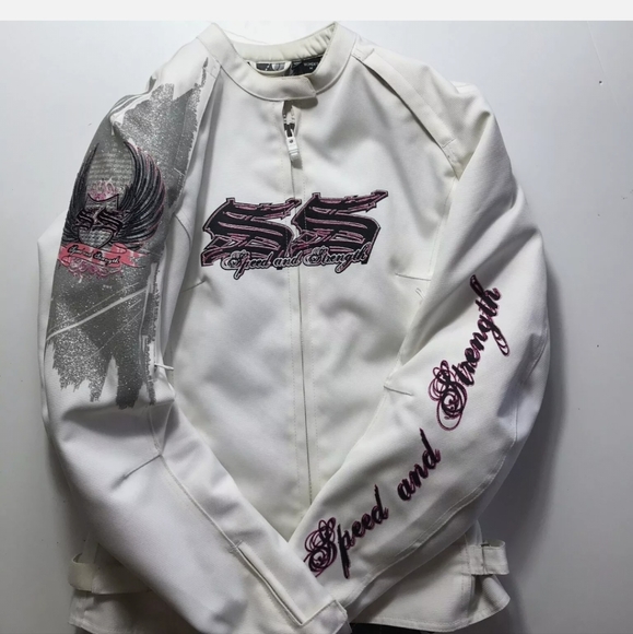 Women's SPEED AND STRENGTH 999 white/pink motorcycle riding jacket w/pads Medium - Picture 3 of 12